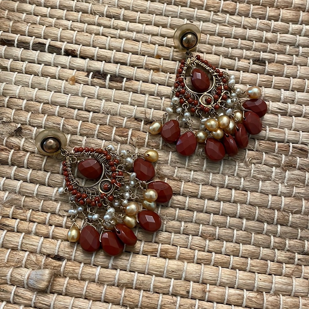 Vintage beaded handmade dangle earrings - new backs included - brown & pearl